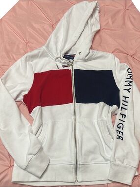Tommy Hilfiger White Red Navy Colorblock Zip Hoodie